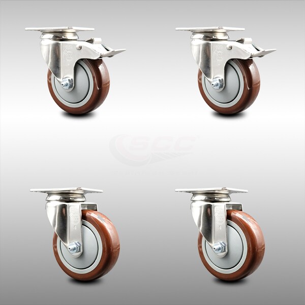 Service Caster 4 Inch 316SS Maroon Polyurethane Wheel Swivel Top Plate Caster Lock Brakes, 2PK SCC-SS316TTL20S414-PPUB-MRN-2-S-2 - main